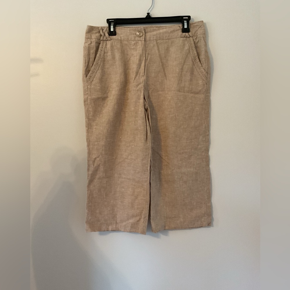 Larry Levine Linen Blend Tan & White Pinstripe Pants Size 12 Cropped Capri